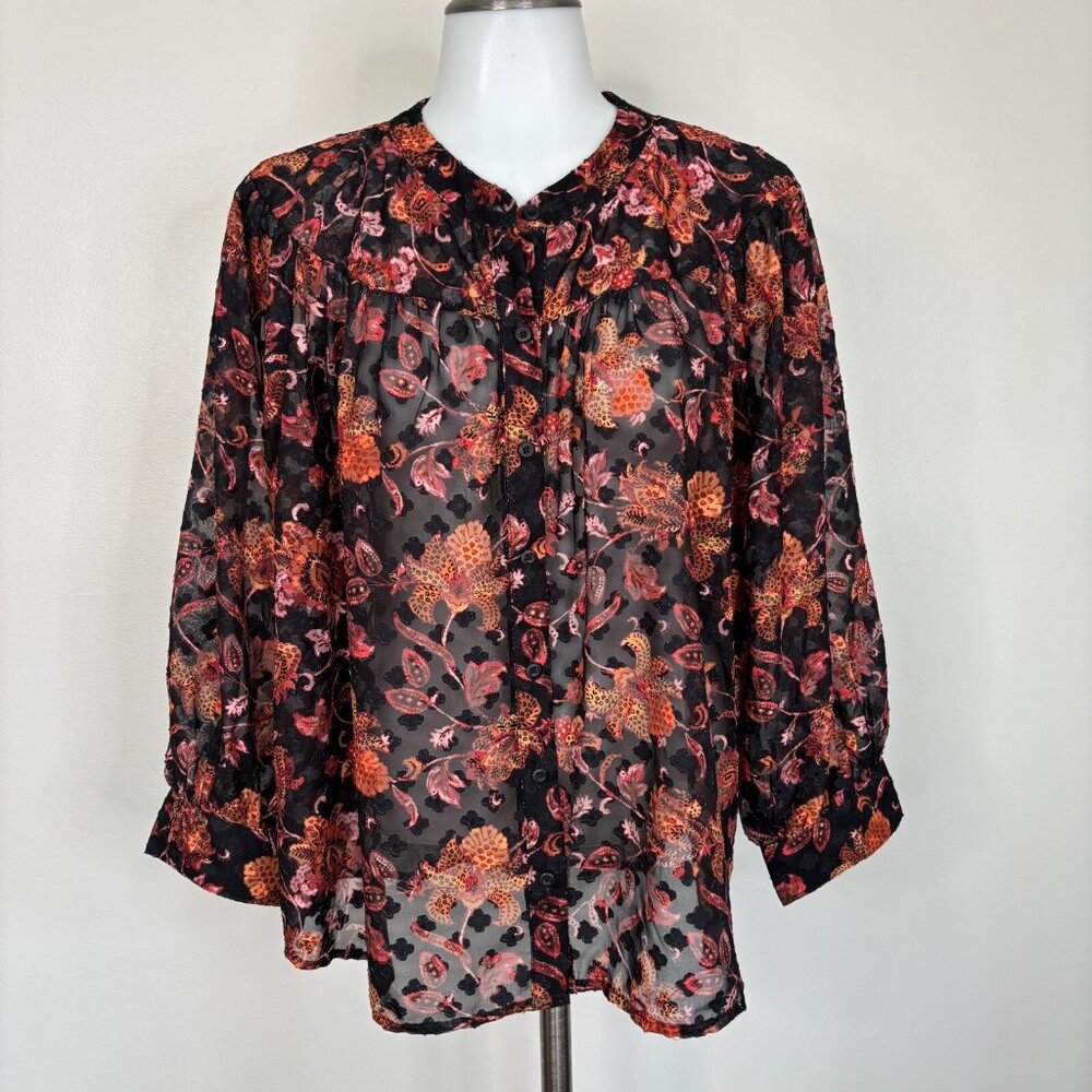 Ophelia Roe Top XL Black Orange Floral Textured 3/4‎ Sleeve Sheer Blouse Women's